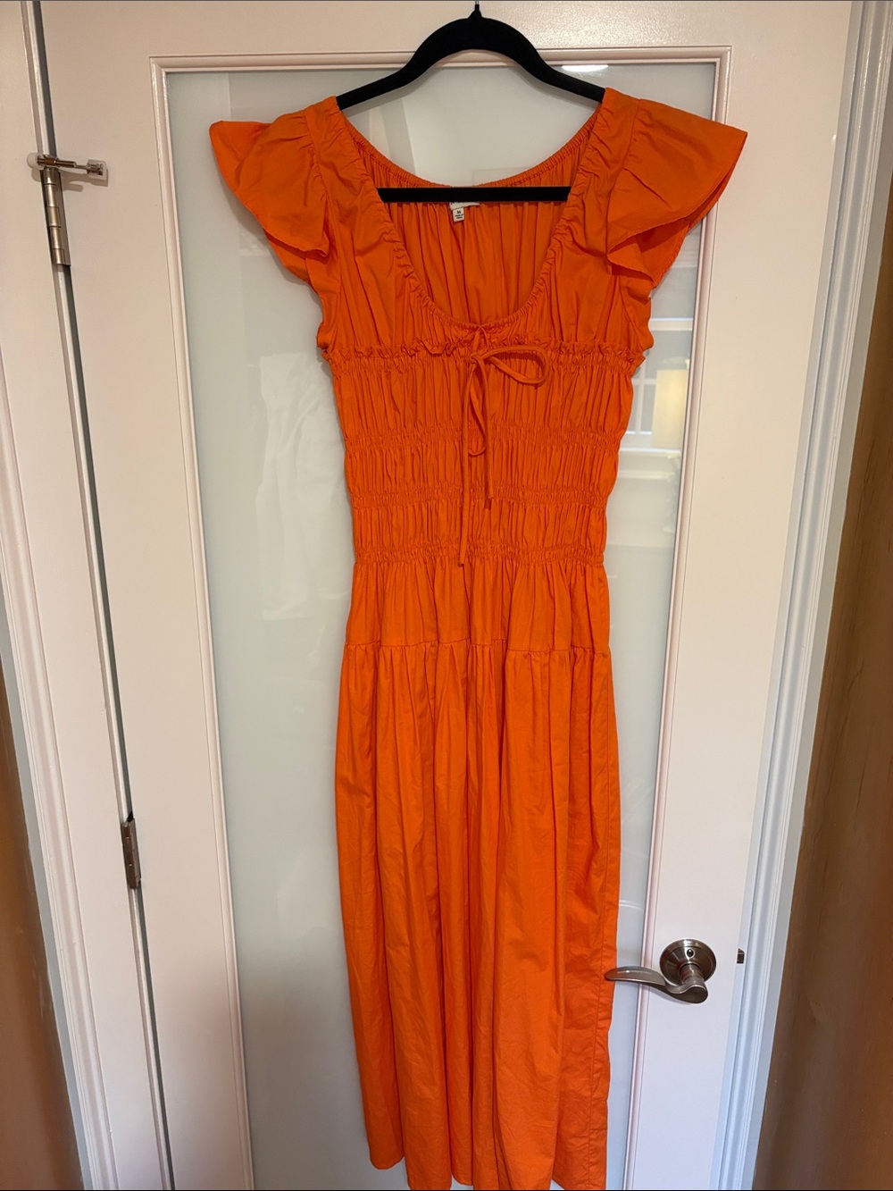 Moon River Orange Smocked Midi Dress with Flutter Sleeves
